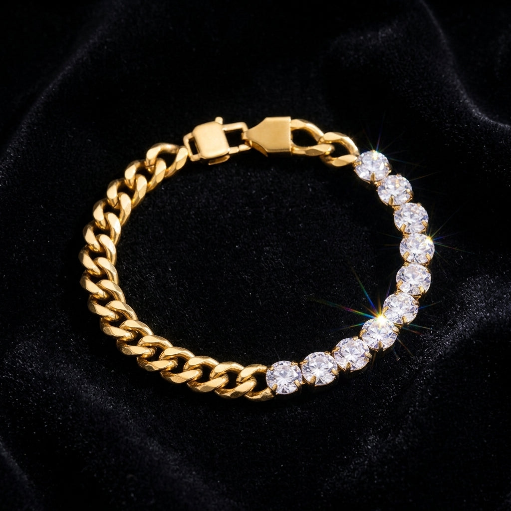 Gold Cuban Link Crystal Bracelet on black velvet