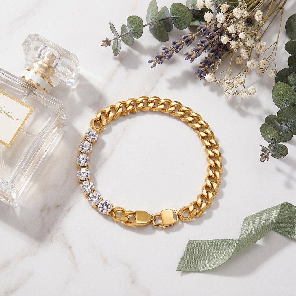 Gold Cuban Link Crystal Bracelet flatlay