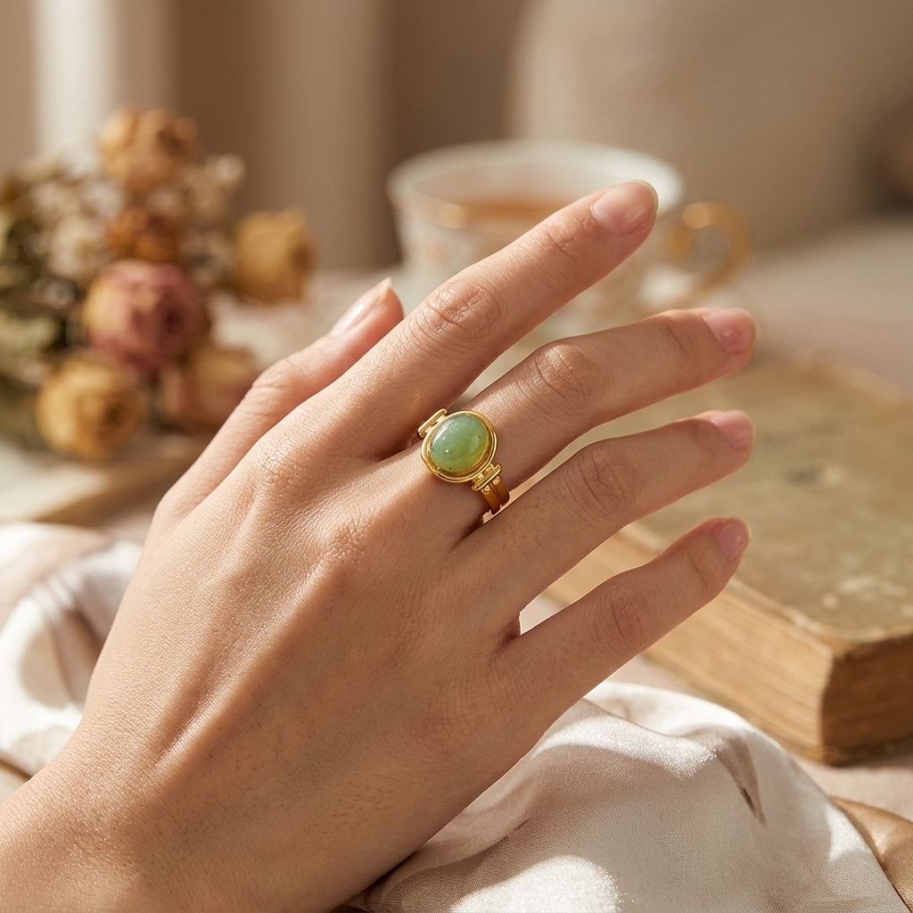 Green Jade Stone Ring worn on hand