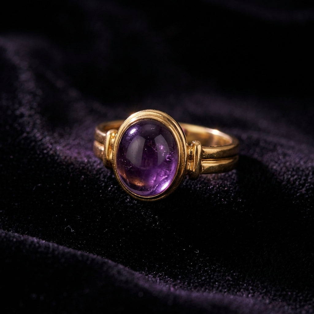 Purple Amethyst Stone Ring on black velvet
