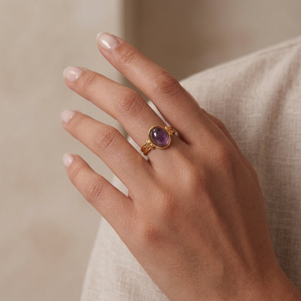 Purple Amethyst Stone Ring worn on hand