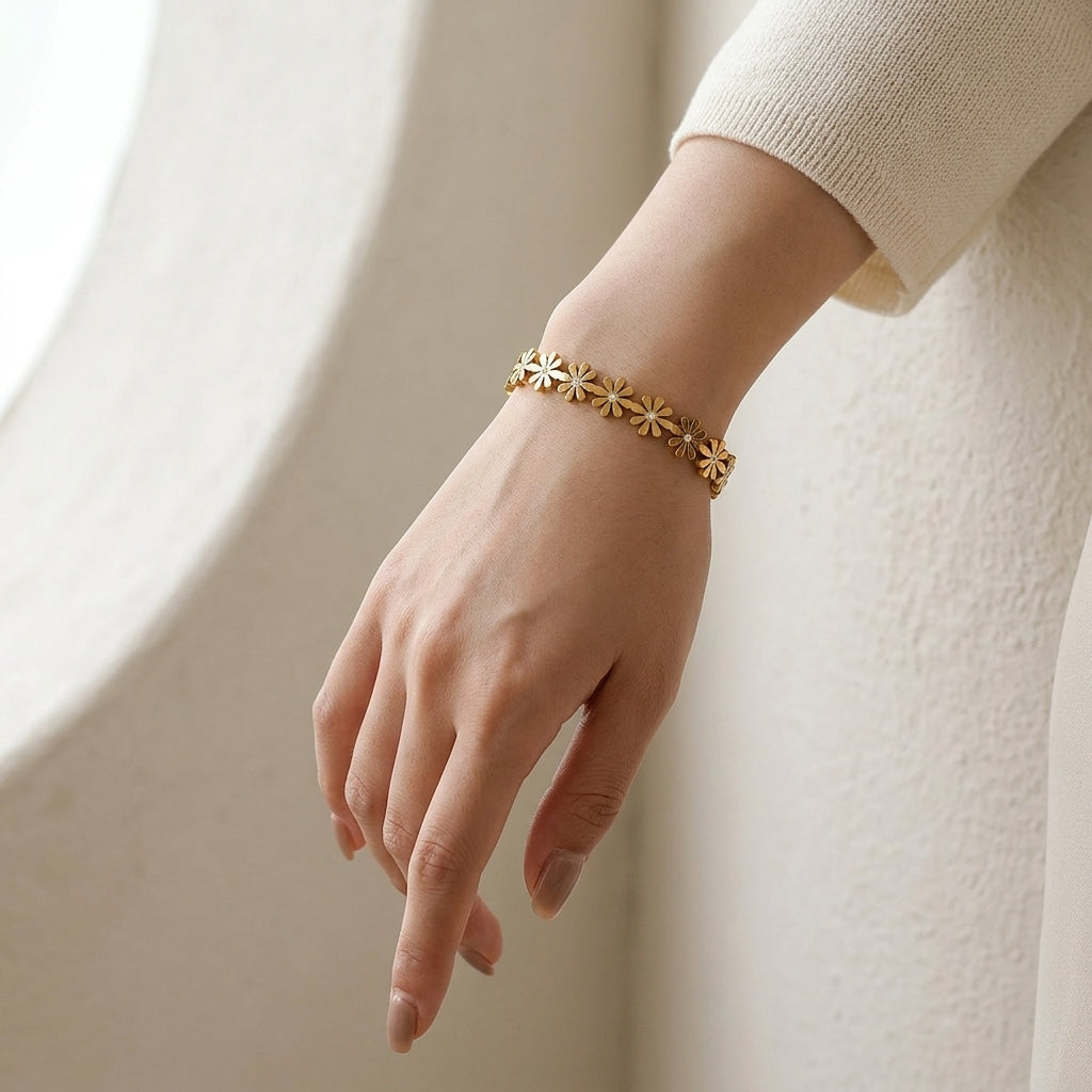 Gold Daisy Flower Cuff Bracelet worn on wrist