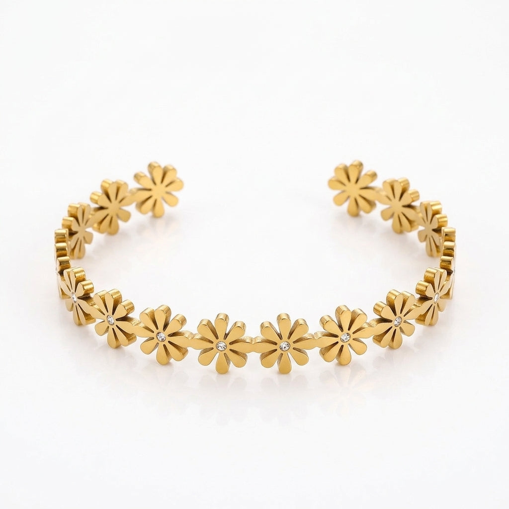 Gold Daisy Flower Cuff Bracelet on white background