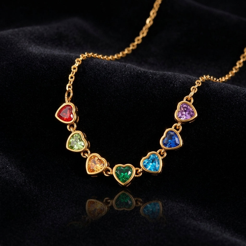 Rainbow Heart Charm Necklace on black velvet