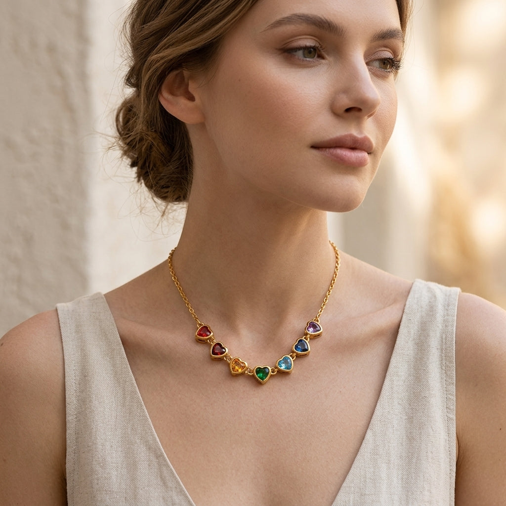 Rainbow Heart Charm Necklace worn on neck