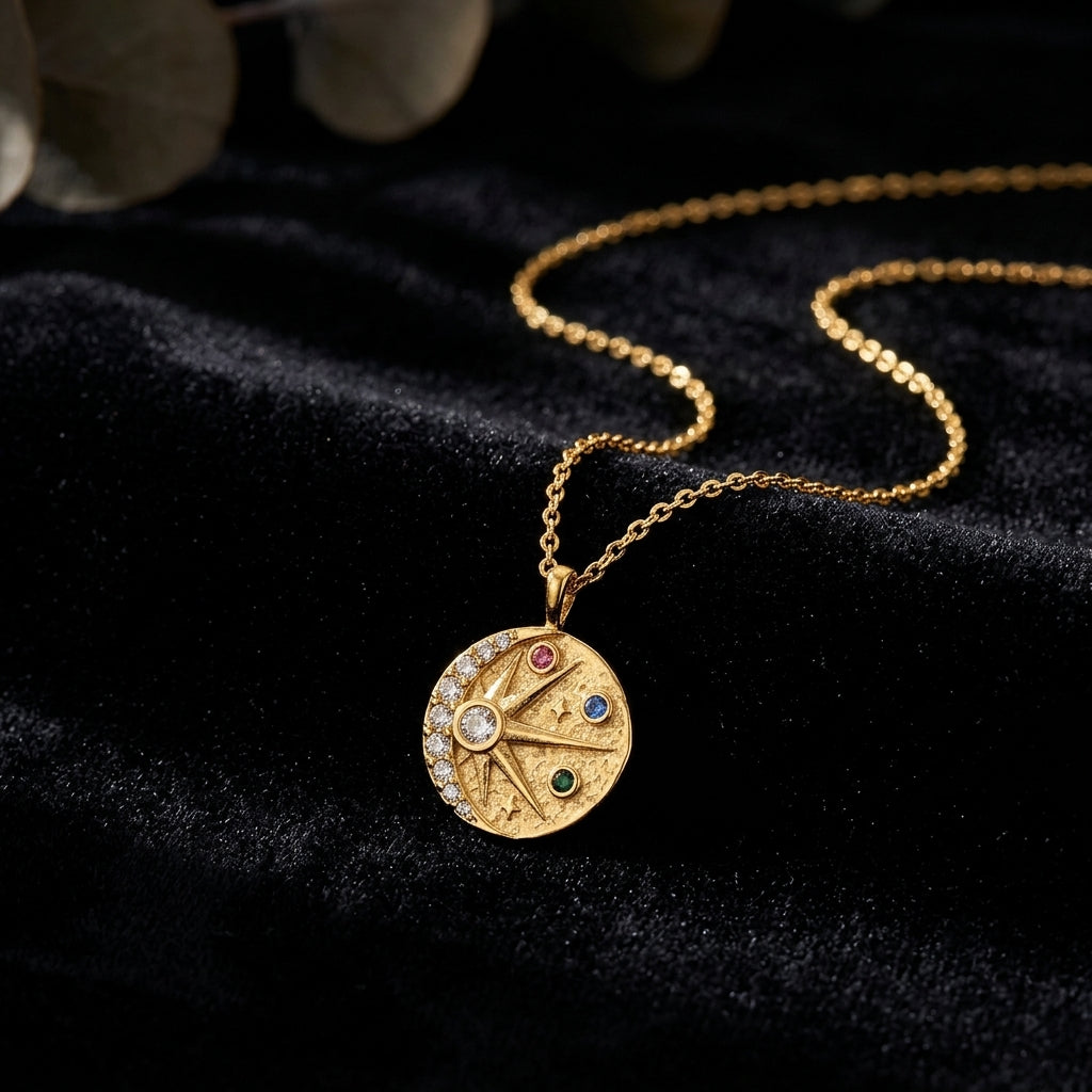 Celestial Coin Pendant Necklace on black velvet