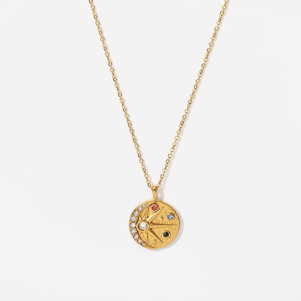 Celestial Coin Pendant Necklace on white background