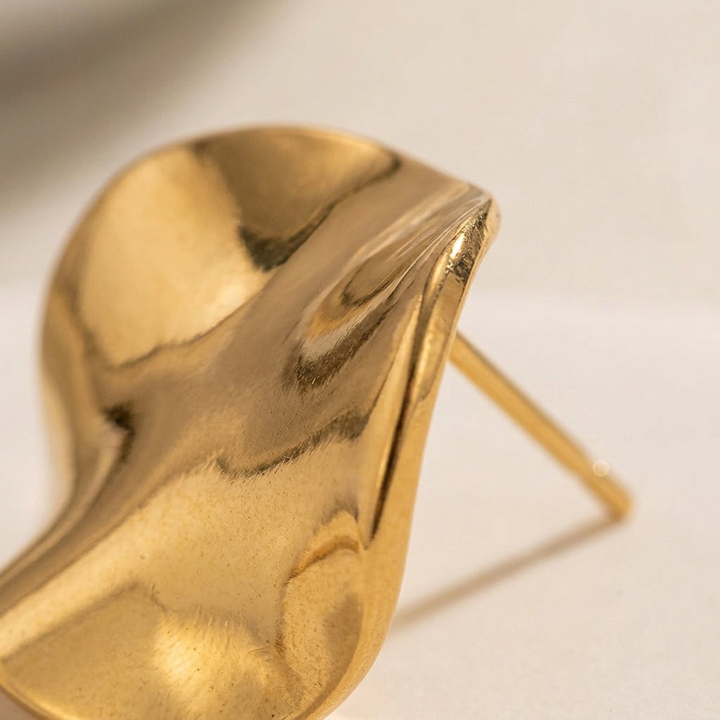 Crumpled Wave Gold Stud Earrings detail closeup
