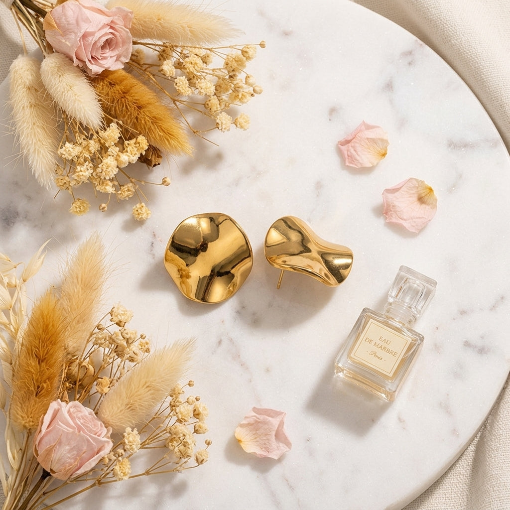 Crumpled Wave Gold Stud Earrings lifestyle flatlay