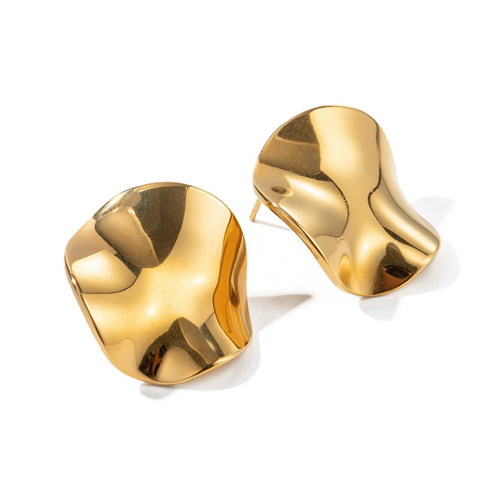 Crumpled Wave Gold Stud Earrings on white background