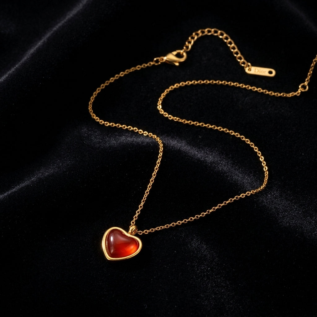 Red Heart Pendant Necklace - Product on black velvet background
