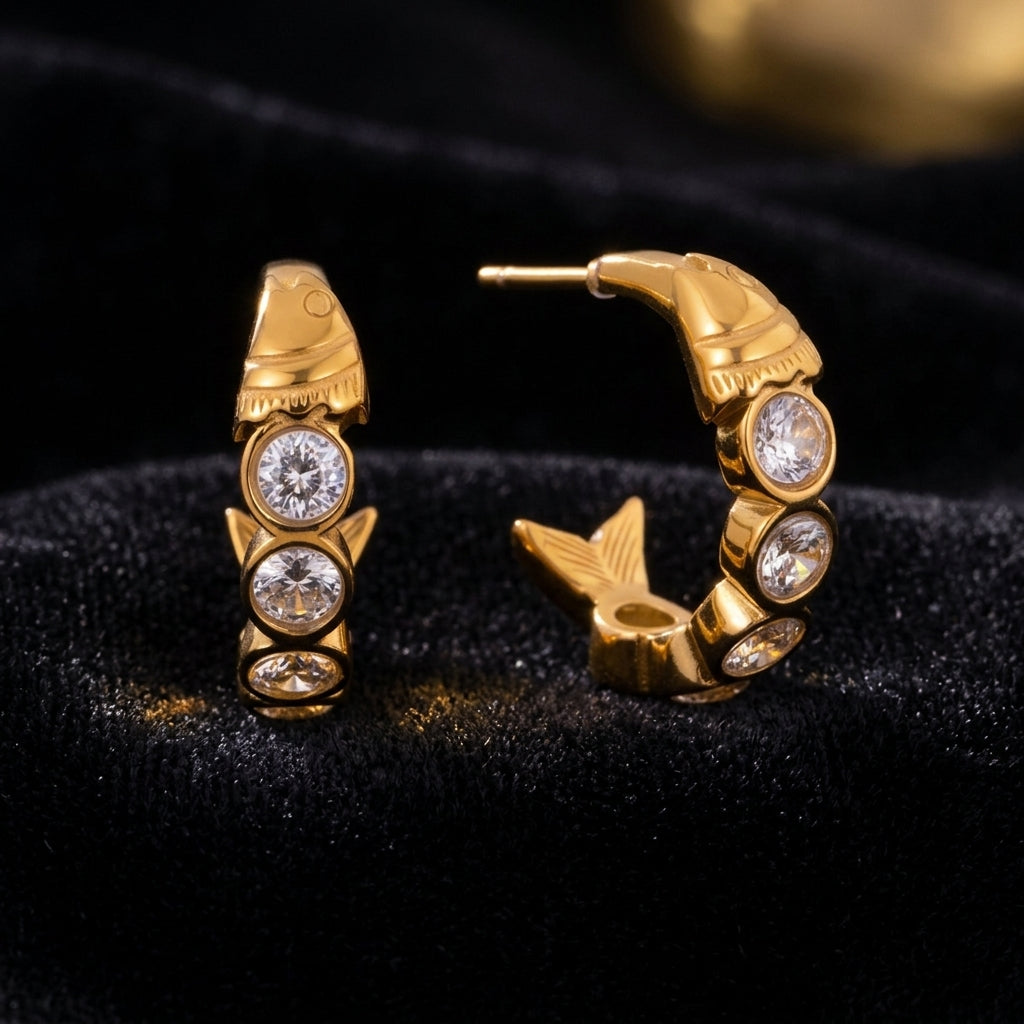 Gold Crystal Hoop Earrings - Product on black velvet background