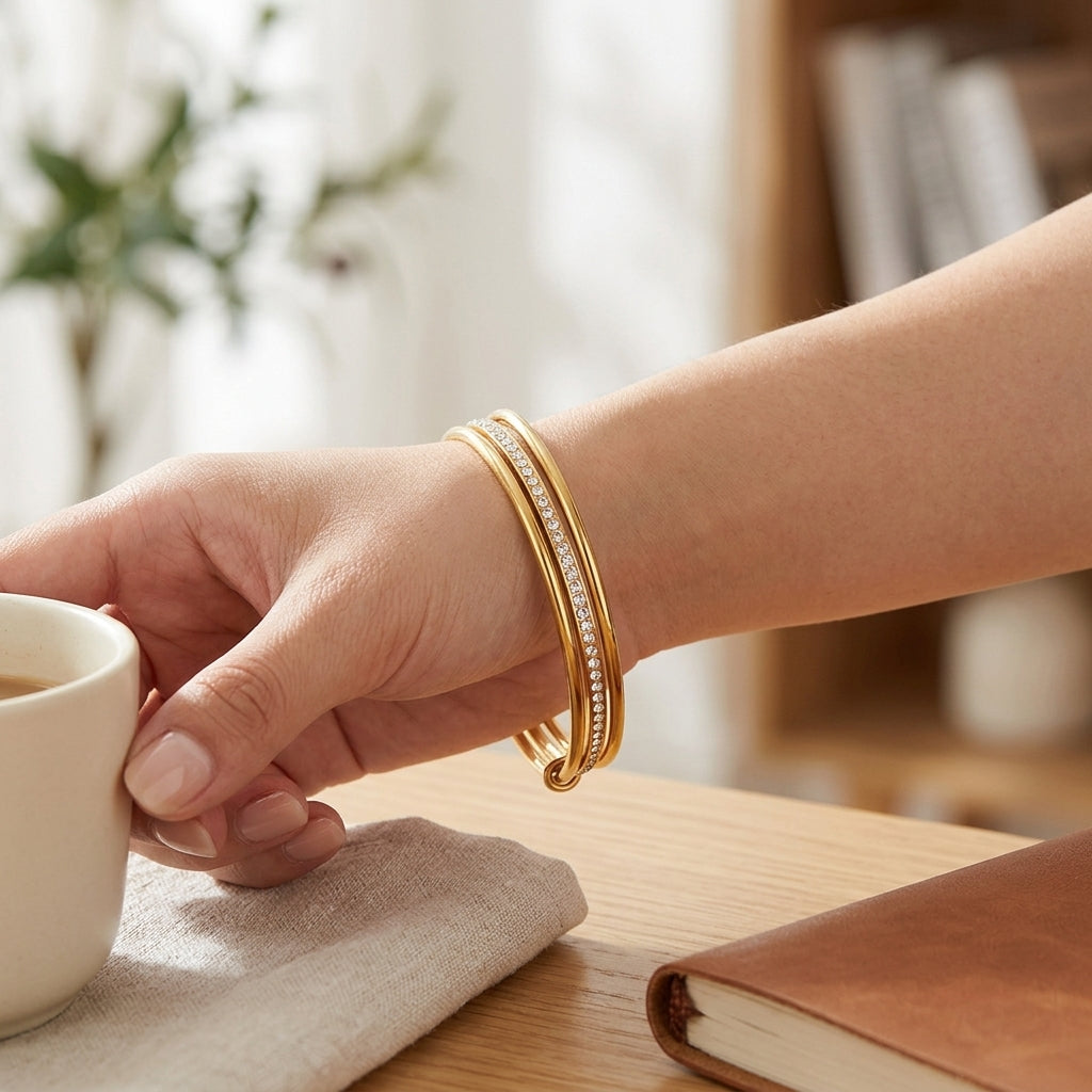 Gold Crystal Bangle Bracelet | 18K Gold Plated Stainless Steel