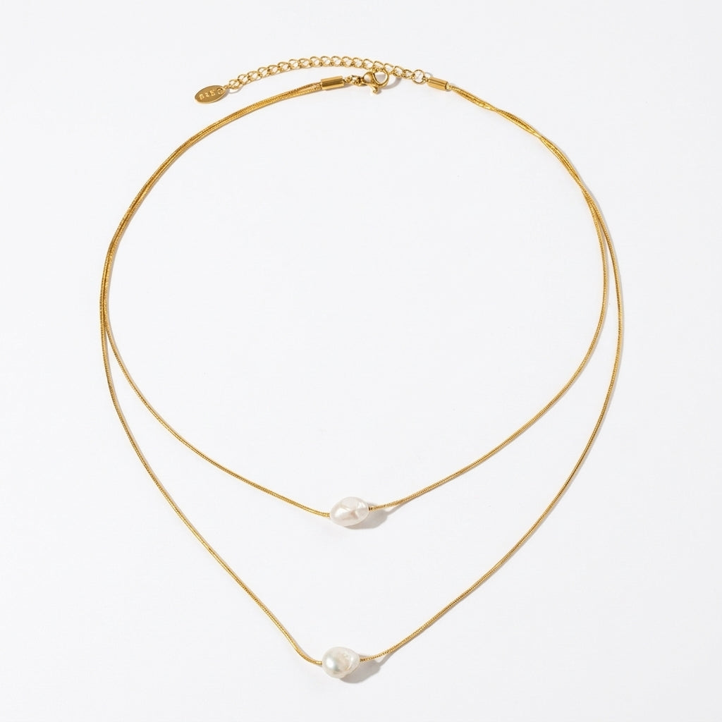 Layered Pearl Gold Chain Necklace - Product on white background