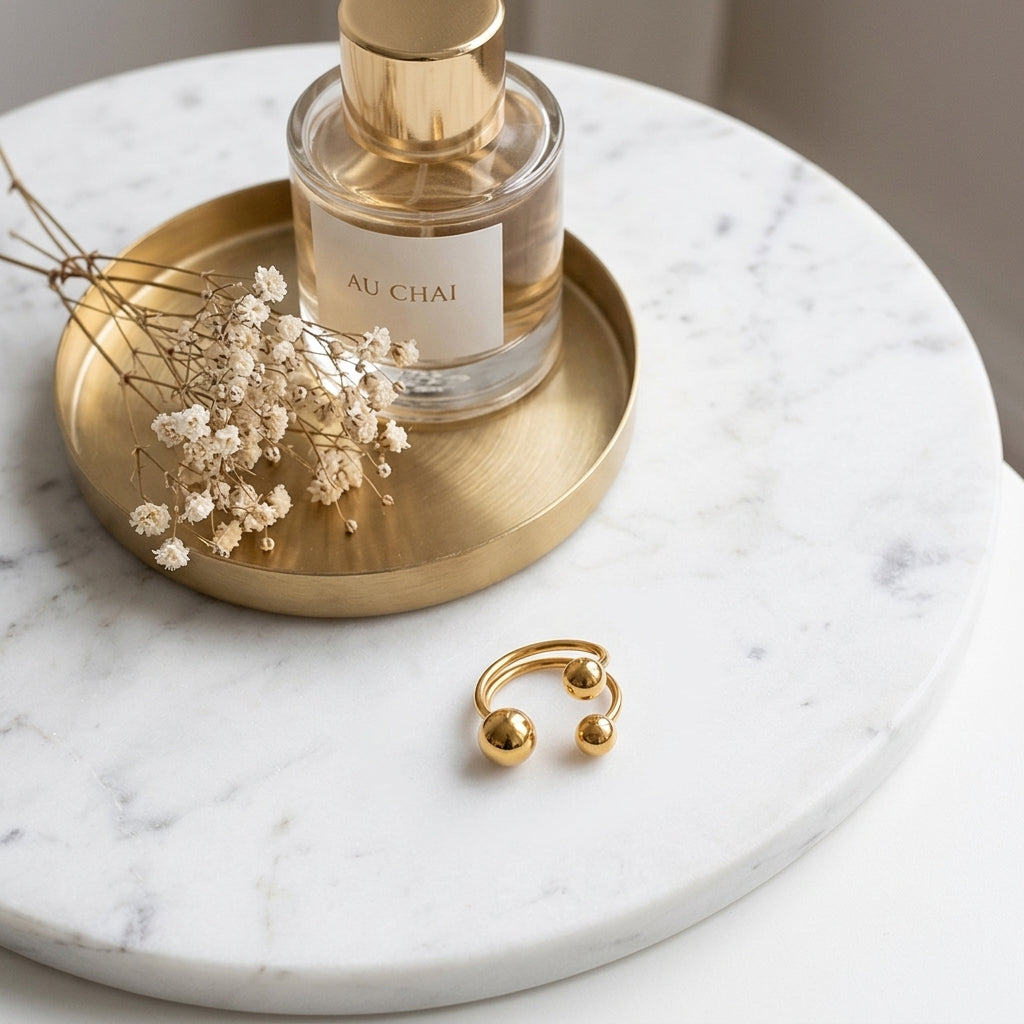 Gold Ball Open Ring - Lifestyle flatlay