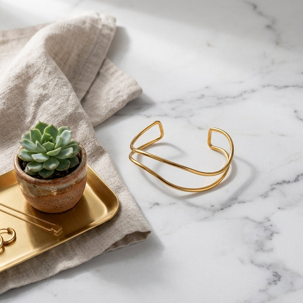 Open Wave Wire Cuff Bracelet - Lifestyle flatlay