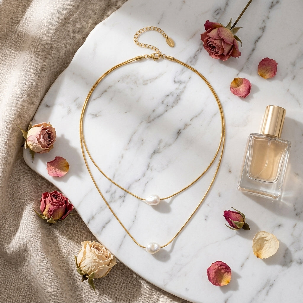 Layered Pearl Gold Chain Necklace - Lifestyle flatlay