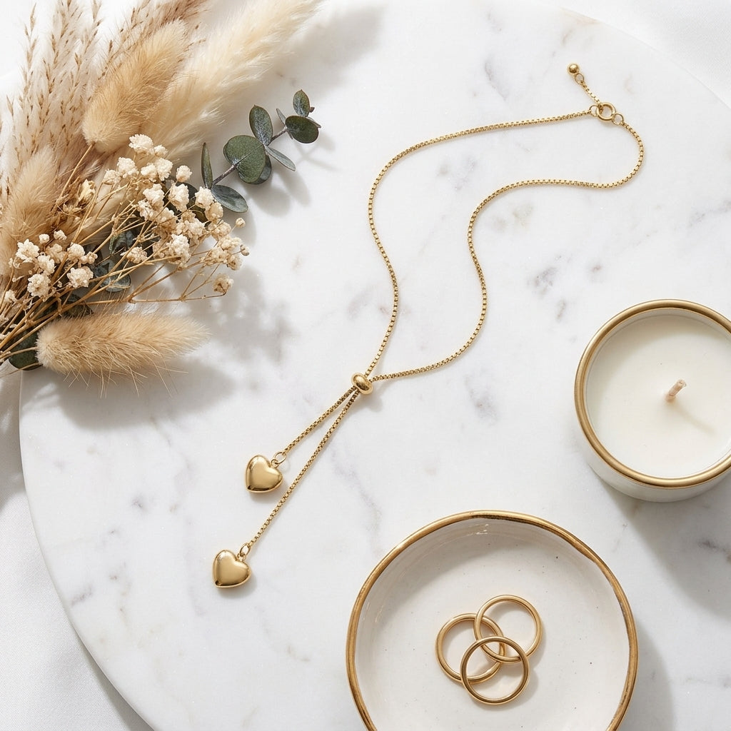 Dainty Gold Heart Lariat Necklace - Lifestyle flatlay