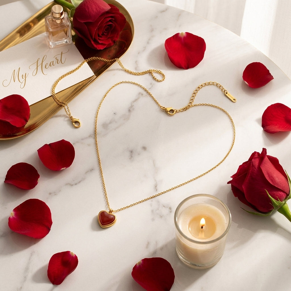 Red Heart Pendant Necklace - Lifestyle flatlay