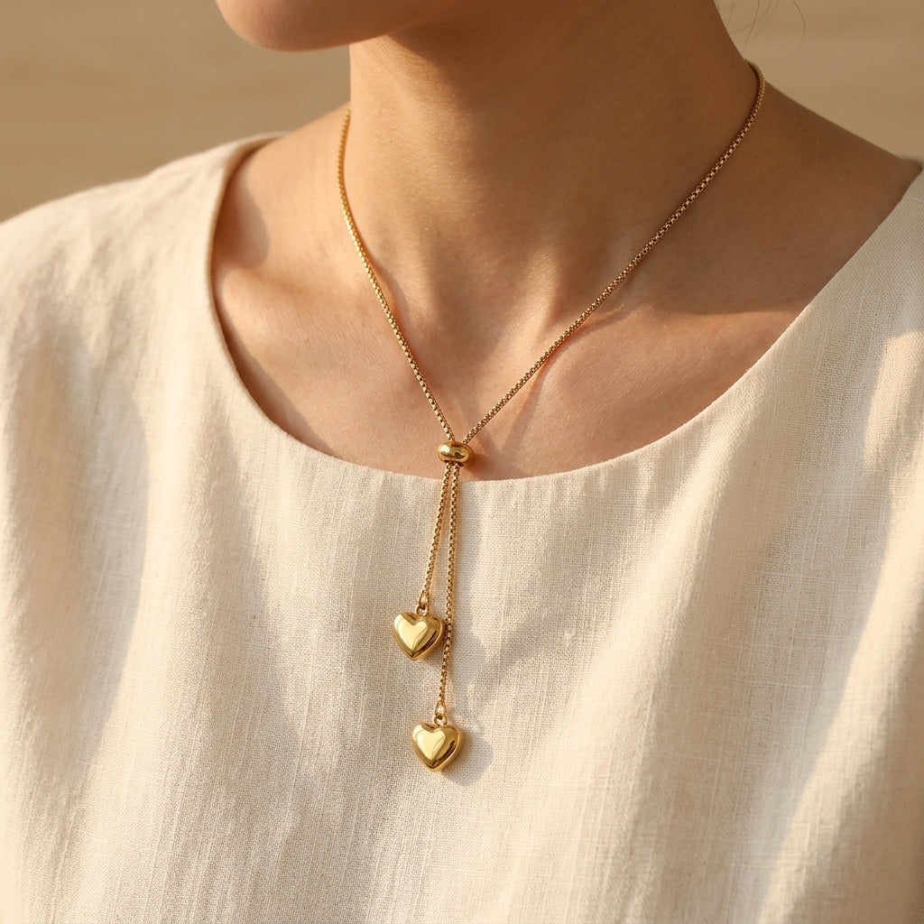 Dainty Gold Heart Lariat Necklace - Worn by model