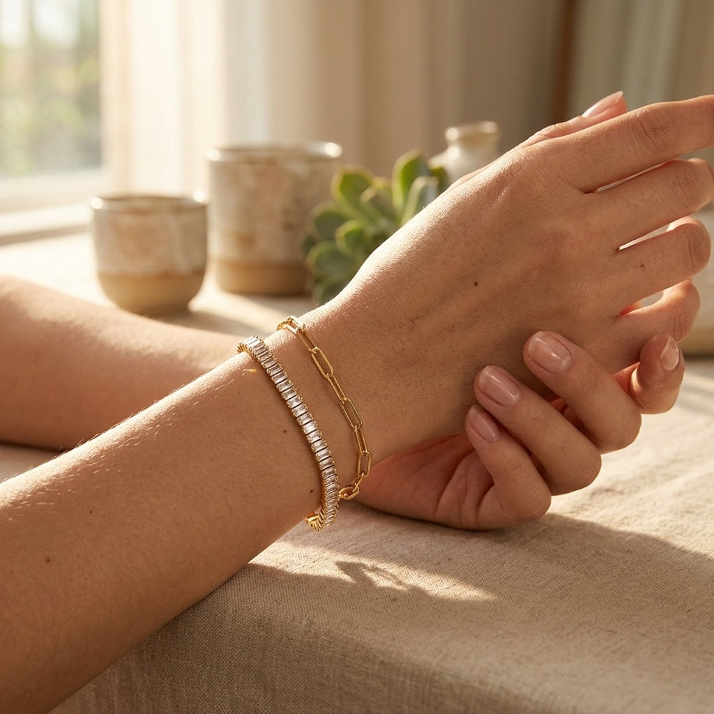 Gold Tennis Bracelet - Worn by model