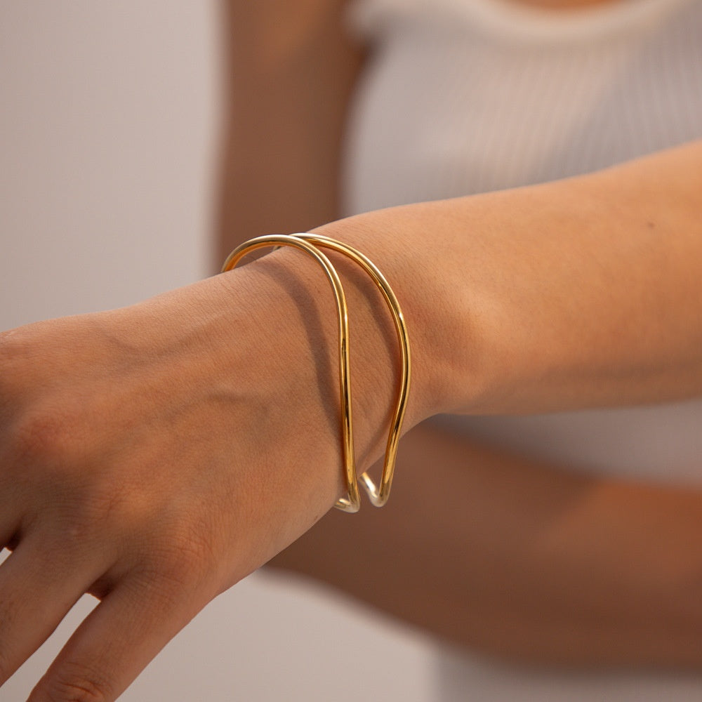 Open Wave Wire Cuff Bracelet - Worn by model