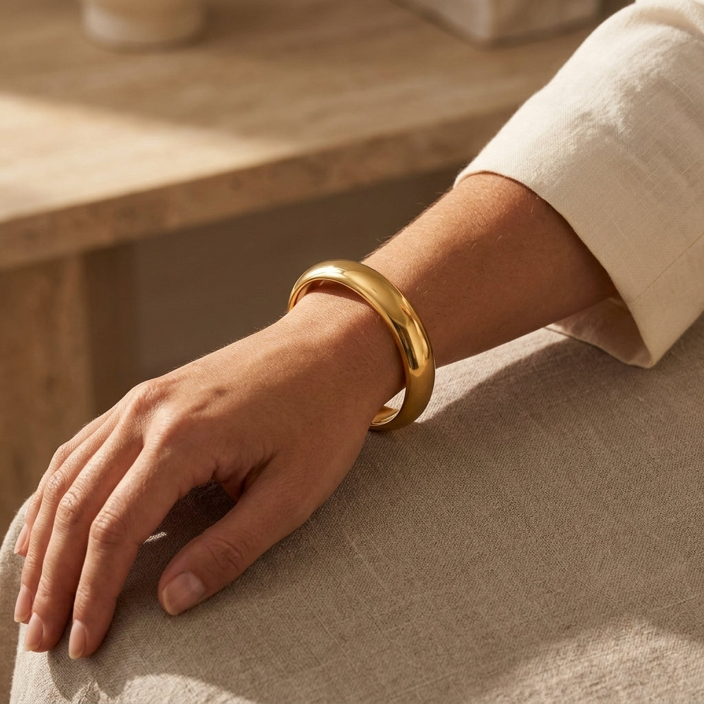 Sculptural Chunky Gold Bangle - Worn by model