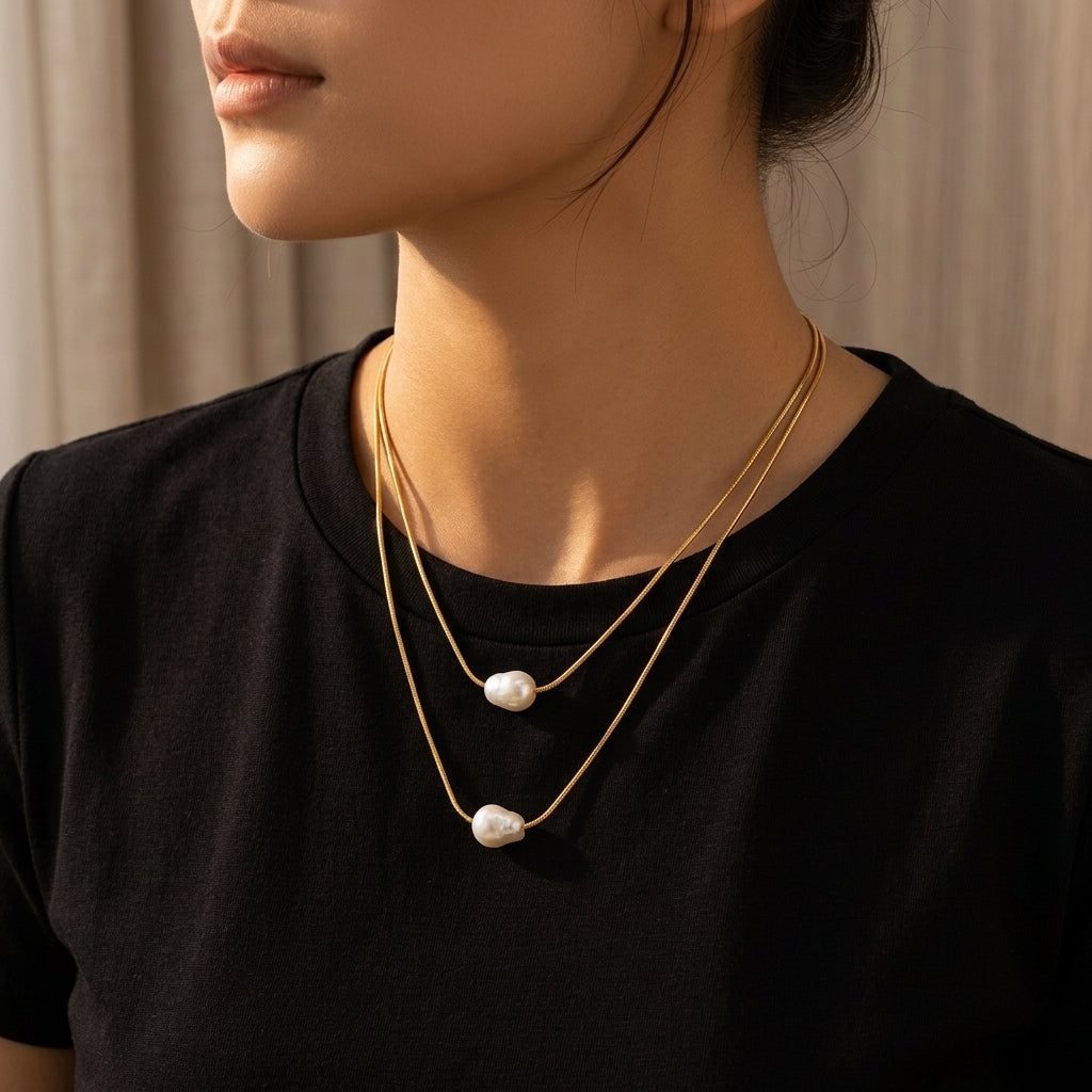 Layered Pearl Gold Chain Necklace - Worn by model