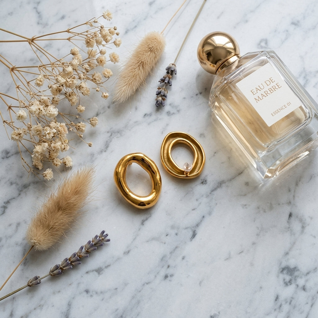 Sculpted Gold Oval Hoop Earrings lifestyle flatlay